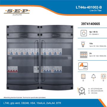 SEP Live-On Titan, LT44a-401002-B, 40A, 3-fase groepenkast, 10-lichtgroepen, 2-krachtgroepen, 1-beltrafo, technische details