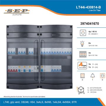 SEP Live-On Titan, LT44i-430814-B, 40A, 3-fase groepenkast, 8-lichtgroepen, 4-krachtgroepen, 1-beltrafo, technische details