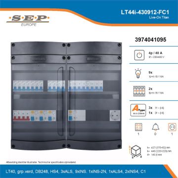 SEP Live-On Titan, LT44i-430912-FC1, 40A, 3-fase groepenkast, 9-lichtgroepen, 2-krachtgroepen, 1-fornuisgroep,  1V-contactdoos, technische details