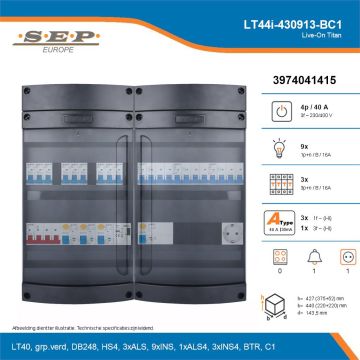 SEP Live-On Titan, LT44i-430913-BC1, 40A, 3-fase groepenkast, 9-lichtgroepen, 3-krachtgroepen, 1-beltrafo,  1V-contactdoos, technische details