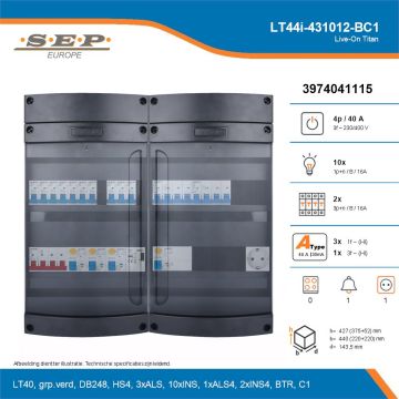 SEP Live-On Titan, LT44i-431012-BC1, 40A, 3-fase groepenkast, 10-lichtgroepen, 2-krachtgroepen, 1-beltrafo,  1V-contactdoos, technische details