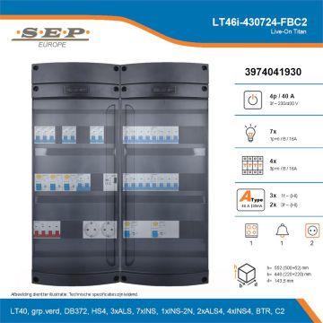 SEP Live-On Titan, LT46i-430724-FBC2, 40A, 3-fase groepenkast, 7-lichtgroepen, 4-krachtgroepen, 1-fornuisgroep, 1-beltrafo,  2V-contactdoos, technische details