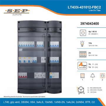 SEP Live-On Titan, LT433i-431012-FBC2, 40A, 3-fase groepenkast, 10-lichtgroepen, 2-krachtgroepen, 1-fornuisgroep, 1-beltrafo,  2V-contactdoos, technische details