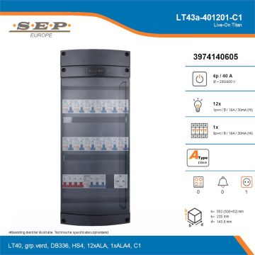 SEP Live-On Titan, LT43a-401201-C1, 40A, 3-fase groepenkast, 12-lichtgroepen, 1-krachtgroepen,  1V-contactdoos, technische details
