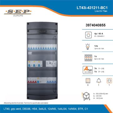 SEP Live-On Titan, LT43i-431211-BC1, 40A, 3-fase groepenkast, 12-lichtgroepen, 1-krachtgroepen, 1-beltrafo,  1V-contactdoos, technische details