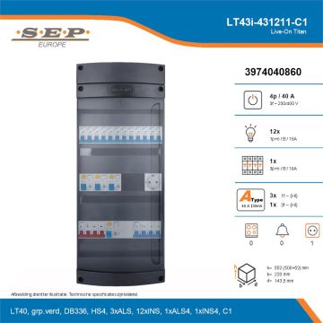 SEP Live-On Titan, LT43i-431211-C1, 40A, 3-fase groepenkast, 12-lichtgroepen, 1-krachtgroepen,  1V-contactdoos, technische details