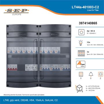 SEP Live-On Titan, LT44a-401003-C2, 40A, 3-fase groepenkast, 10-lichtgroepen, 3-krachtgroepen,  2V-contactdoos, technische details