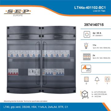 SEP Live-On Titan, LT44a-401102-BC1, 40A, 3-fase groepenkast, 11-lichtgroepen, 2-krachtgroepen, 1-beltrafo,  1V-contactdoos, technische details