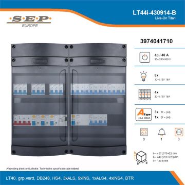 SEP Live-On Titan, LT44i-430914-B, 40A, 3-fase groepenkast, 9-lichtgroepen, 4-krachtgroepen, 1-beltrafo, technische details
