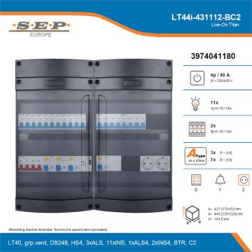 SEP Live-On Titan, LT44i-431112-BC2, 40A, 3-fase groepenkast, 11-lichtgroepen, 2-krachtgroepen, 1-beltrafo,  2V-contactdoos, technische details