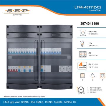 SEP Live-On Titan, LT44i-431112-C2, 40A, 3-fase groepenkast, 11-lichtgroepen, 2-krachtgroepen,  2V-contactdoos, technische details