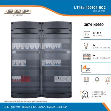 SEP Live-On Titan, LT46a-400904-BC2, 40A, 3-fase groepenkast, 9-lichtgroepen, 4-krachtgroepen, 1-beltrafo,  2V-contactdoos, technische details