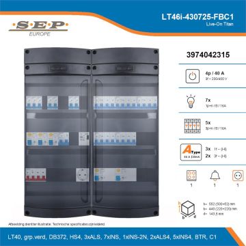 SEP Live-On Titan, LT46i-430725-FBC1, 40A, 3-fase groepenkast, 7-lichtgroepen, 5-krachtgroepen, 1-fornuisgroep, 1-beltrafo,  1V-contactdoos, technische details