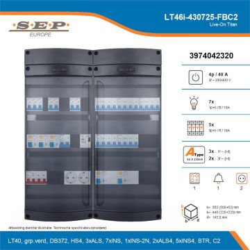 SEP Live-On Titan, LT46i-430725-FBC2, 40A, 3-fase groepenkast, 7-lichtgroepen, 5-krachtgroepen, 1-fornuisgroep, 1-beltrafo,  2V-contactdoos, technische details