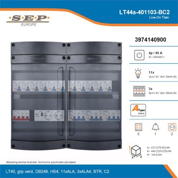 SEP Live-On Titan, LT44a-401103-BC2, 40A, 3-fase groepenkast, 11-lichtgroepen, 3-krachtgroepen, 1-beltrafo,  2V-contactdoos, technische details