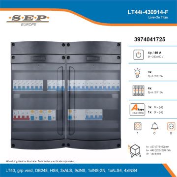 SEP Live-On Titan, LT44i-430914-F, 40A, 3-fase groepenkast, 9-lichtgroepen, 4-krachtgroepen, 1-fornuisgroep, technische details