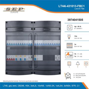 SEP Live-On Titan, LT44i-431013-FBC1, 40A, 3-fase groepenkast, 10-lichtgroepen, 3-krachtgroepen, 1-fornuisgroep, 1-beltrafo,  1V-contactdoos, technische details