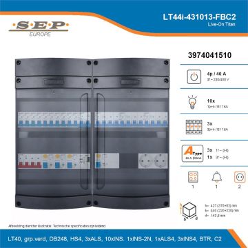 SEP Live-On Titan, LT44i-431013-FBC2, 40A, 3-fase groepenkast, 10-lichtgroepen, 3-krachtgroepen, 1-fornuisgroep, 1-beltrafo,  2V-contactdoos, technische details