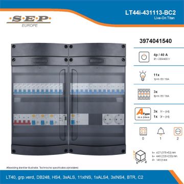 SEP Live-On Titan, LT44i-431113-BC2, 40A, 3-fase groepenkast, 11-lichtgroepen, 3-krachtgroepen, 1-beltrafo,  2V-contactdoos, technische details