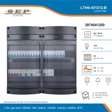 SEP Live-On Titan, LT44i-431212-B, 40A, 3-fase groepenkast, 12-lichtgroepen, 2-krachtgroepen, 1-beltrafo, technische details