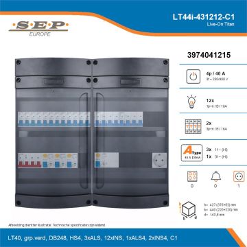SEP Live-On Titan, LT44i-431212-C1, 40A, 3-fase groepenkast, 12-lichtgroepen, 2-krachtgroepen,  1V-contactdoos, technische details