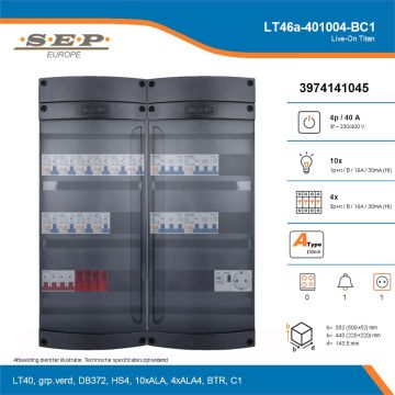 SEP Live-On Titan, LT46a-401004-BC1, 40A, 3-fase groepenkast, 10-lichtgroepen, 4-krachtgroepen, 1-beltrafo,  1V-contactdoos, technische details