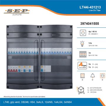 SEP Live-On Titan, LT44i-431213, 40A, 3-fase groepenkast, 12-lichtgroepen, 3-krachtgroepen, technische details