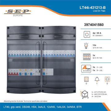 SEP Live-On Titan, LT44i-431213-B, 40A, 3-fase groepenkast, 12-lichtgroepen, 3-krachtgroepen, 1-beltrafo, technische details