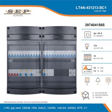 SEP Live-On Titan, LT44i-431213-BC1, 40A, 3-fase groepenkast, 12-lichtgroepen, 3-krachtgroepen, 1-beltrafo,  1V-contactdoos, technische details
