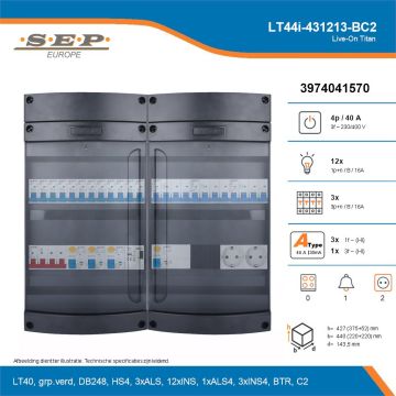 SEP Live-On Titan, LT44i-431213-BC2, 40A, 3-fase groepenkast, 12-lichtgroepen, 3-krachtgroepen, 1-beltrafo,  2V-contactdoos, technische details
