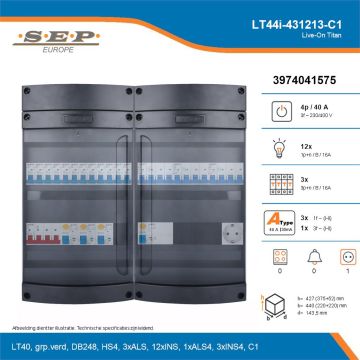 SEP Live-On Titan, LT44i-431213-C1, 40A, 3-fase groepenkast, 12-lichtgroepen, 3-krachtgroepen,  1V-contactdoos, technische details