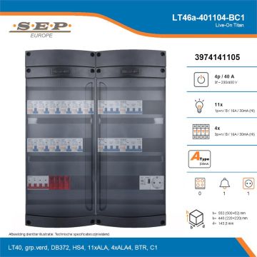 SEP Live-On Titan, LT46a-401104-BC1, 40A, 3-fase groepenkast, 11-lichtgroepen, 4-krachtgroepen, 1-beltrafo,  1V-contactdoos, technische details