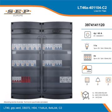 SEP Live-On Titan, LT46a-401104-C2, 40A, 3-fase groepenkast, 11-lichtgroepen, 4-krachtgroepen,  2V-contactdoos, technische details