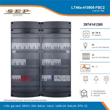 SEP Live-On Titan, LT46a-410905-FBC2, 40A, 3-fase groepenkast, 9-lichtgroepen, 5-krachtgroepen, 1-fornuisgroep, 1-beltrafo,  2V-contactdoos, technische details