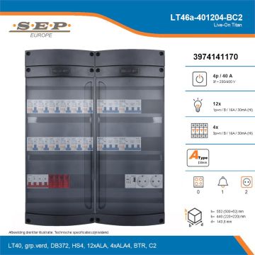 SEP Live-On Titan, LT46a-401204-BC2, 40A, 3-fase groepenkast, 12-lichtgroepen, 4-krachtgroepen, 1-beltrafo,  2V-contactdoos, technische details