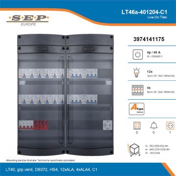 SEP Live-On Titan, LT46a-401204-C1, 40A, 3-fase groepenkast, 12-lichtgroepen, 4-krachtgroepen,  1V-contactdoos, technische details