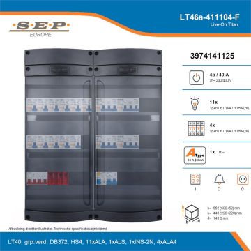 SEP Live-On Titan, LT46a-411104-F, 40A, 3-fase groepenkast, 11-lichtgroepen, 4-krachtgroepen, 1-fornuisgroep, technische details