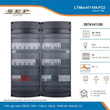 SEP Live-On Titan, LT46a-411104-FC2, 40A, 3-fase groepenkast, 11-lichtgroepen, 4-krachtgroepen, 1-fornuisgroep,  2V-contactdoos, technische details