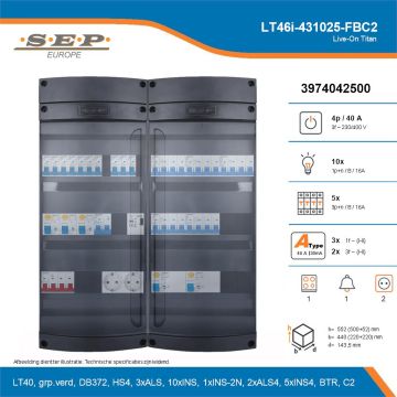 SEP Live-On Titan, LT46i-431025-FBC2, 40A, 3-fase groepenkast, 10-lichtgroepen, 5-krachtgroepen, 1-fornuisgroep, 1-beltrafo,  2V-contactdoos, technische details