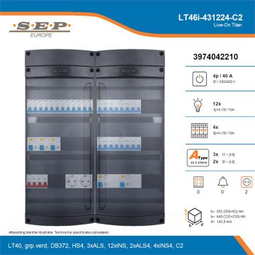 SEP Live-On Titan, LT46i-431224-C2, 40A, 3-fase groepenkast, 12-lichtgroepen, 4-krachtgroepen,  2V-contactdoos, technische details