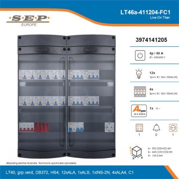 SEP Live-On Titan, LT46a-411204-FC1, 40A, 3-fase groepenkast, 12-lichtgroepen, 4-krachtgroepen, 1-fornuisgroep,  1V-contactdoos, technische details
