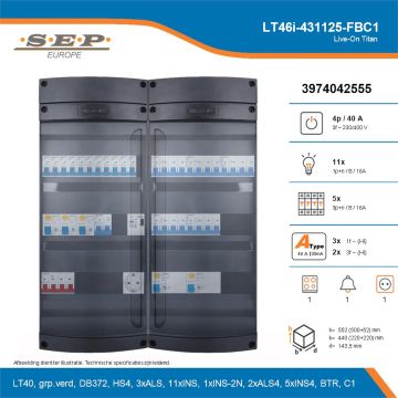 SEP Live-On Titan, LT46i-431125-FBC1, 40A, 3-fase groepenkast, 11-lichtgroepen, 5-krachtgroepen, 1-fornuisgroep, 1-beltrafo,  1V-contactdoos, technische details