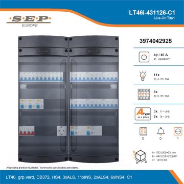 SEP Live-On Titan, LT46i-431126-C1, 40A, 3-fase groepenkast, 11-lichtgroepen, 6-krachtgroepen,  1V-contactdoos, technische details