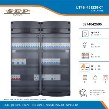 SEP Live-On Titan, LT46i-431225-C1, 40A, 3-fase groepenkast, 12-lichtgroepen, 5-krachtgroepen,  1V-contactdoos, technische details