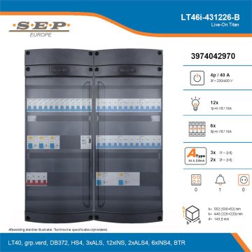 SEP Live-On Titan, LT46i-431226-B, 40A, 3-fase groepenkast, 12-lichtgroepen, 6-krachtgroepen, 1-beltrafo, technische details