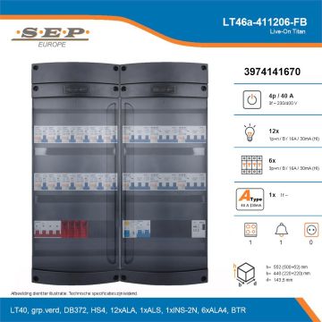 SEP Live-On Titan, LT46a-411206-FB, 40A, 3-fase groepenkast, 12-lichtgroepen, 6-krachtgroepen, 1-fornuisgroep, 1-beltrafo, technische details
