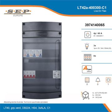 SEP Live-On Titan, LT42a-400300-C1, 40A, 3-fase groepenkast, 3-lichtgroepen,  1V-contactdoos, technische details
