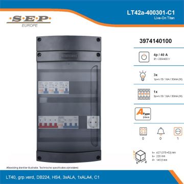 SEP Live-On Titan, LT42a-400301-C1, 40A, 3-fase groepenkast, 3-lichtgroepen, 1-krachtgroepen,  1V-contactdoos, technische details