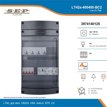 SEP Live-On Titan, LT42a-400400-BC2, 40A, 3-fase groepenkast, 4-lichtgroepen, 1-beltrafo,  2V-contactdoos, technische details