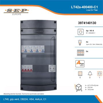 SEP Live-On Titan, LT42a-400400-C1, 40A, 3-fase groepenkast, 4-lichtgroepen,  1V-contactdoos, technische details